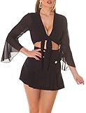 bluse schleife binden Bauchfreies Blusen-Top aus feinem Polyester-Stretch mit sexy tiefem V-Ausschnitt und langen, transparenten Trompeten-Ärmel
