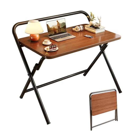 Aivernses Folding Table, Small Computer Desk, Foldable Desk for Bedroom, Mini Desk for Home Office&Study, 24x16 Inches, No Assembly Required, Wood Top with Metal Frame, Dark Brown