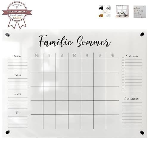 Wunsch Kalender - personalisierter Wandkalender - wählbar 3 bis 5 Namen - wiederverwendbarer Kalender aus Acrylglas – Familienplaner abwischbar als Hingucker für jeden Raum