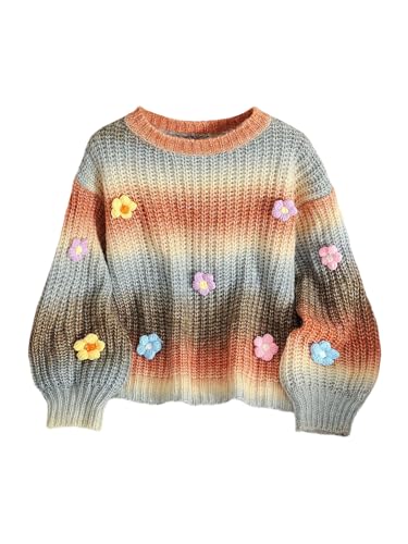 MakeMeChic Girl's 3D Floral Crew Neck Sweater Long Sleeve Colorful Fall Cute Pullovers Multicolor 12Y