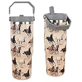 cahduenx 30 oz Horse Tumbler with Straw Handle, Vintage Gifts for Women Men Horse Lover, Stainless Steel Insulated Water Bottle Coffee Cups for Home Office Travel(Brown)