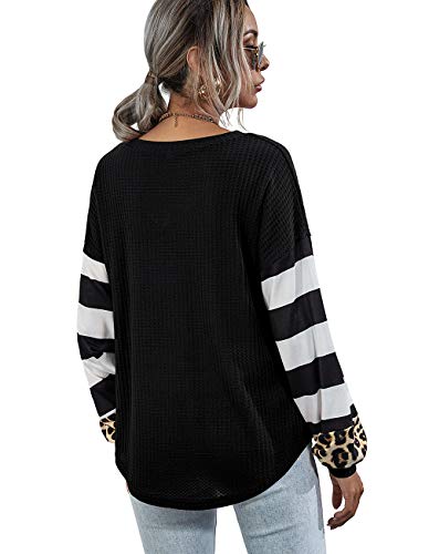 Youdiao Womens V Neck Tops Long Sleeve Shirts Waffle Knit Blouse Casual Loose Oversized Pullover Sweatshirt Black M