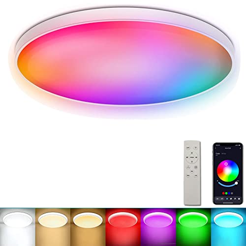 Smart Flush Mount Led Ceiling Light With Remote Control, 24W 12Inch 2400Lm 2700-6500K Multiple Color Syn Music App Color Temperature Brightness Dimmable Timer For Bedroom Livingroom Party Festival #TOP28