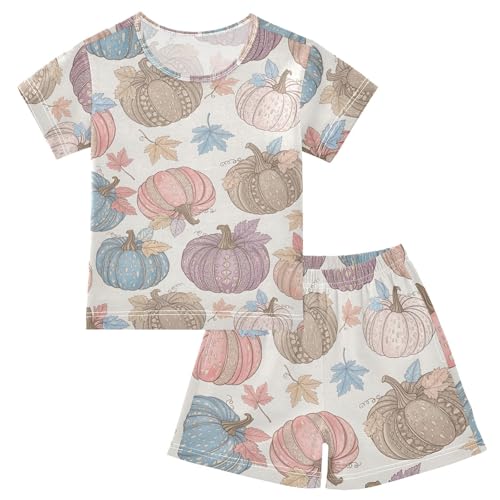 Pajama Short Sets Pumpkin Pattern with Autumn Leaves Soft Cotton Summer Sleepwear 2 Piece PJS Size 5-14T