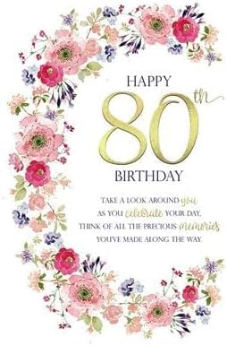 Nigel Quiney Female 80th Happy Birthday Card (NQ-HS258) - Knitted Age 80 And Floral Basket - Flitter Finish