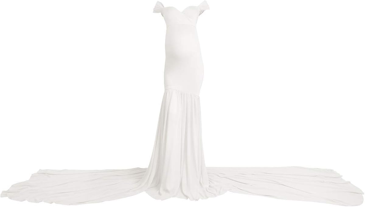 Women Maternity Dress for Photography Mermaid Off Shoulder Elegant Fitted Chiffon Gown Baby Shower Pregnancy Maxi Dresses for Photoshoot Ruched V Neck Long Train Slim Fit Flowy Photo Props Dress White at  Women’s Clothing store