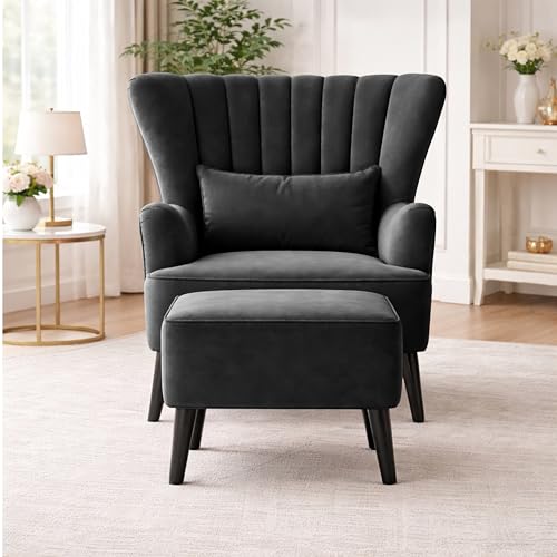 Image of Modern Velvet Wingback Accent Chair with Ottoman & Cushion for Living Room | Premium Upholstered Lounge Chair with Footrest |Black