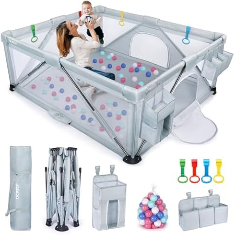 OCATO Baby Playpen: Foldable Playpen for Babies and Toddlers Large Play Pen Portable Playpen Fence Indoor Outdoor Kids Safety Area Travel Play Yard with 2 Storage Bags 4 Handlers 50 Balls (71" × 59") Cover