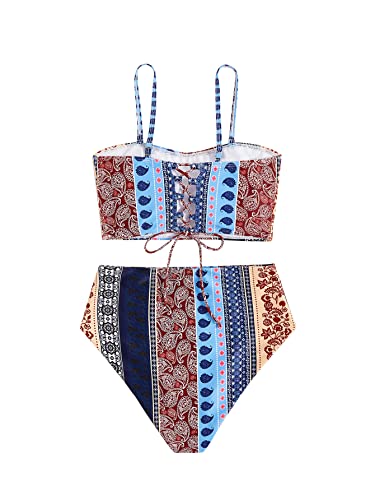 Floerns Women's Boho Two Piece High Waist Bathing Suit Bandeau Swimsuit A Multi Striped S #TOP1