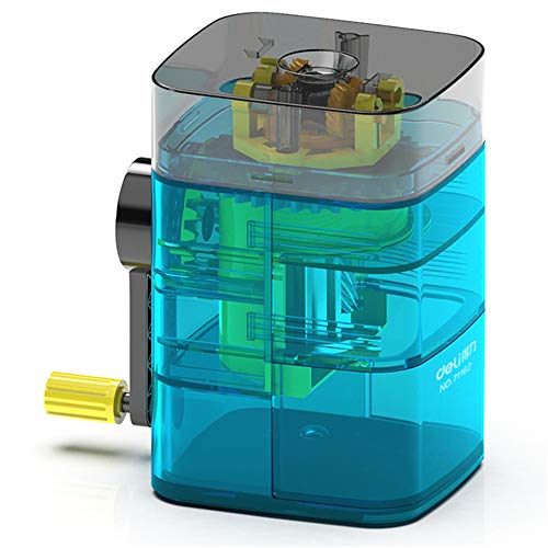 Image of oddpod Manual Desktop Pencil Sharpener for Table top with Visible Rotary Hand Crank & Auto Feed Transparent Mechanism for Sharp Pointed Pencils - Neon Blue (No Table Attachment Model)