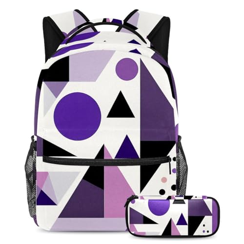 Sac à dos scolaire géométrique violet et trousse pour fille et garçon