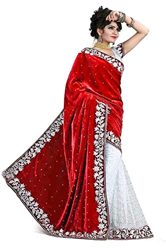 Women's Velvet and Brasso Half-Half Saree with Blouse Piece