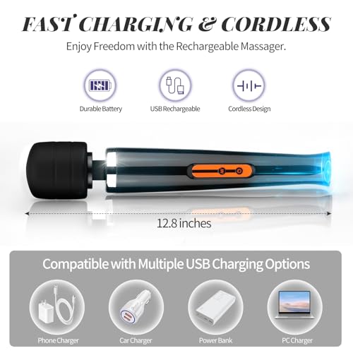 Image of Rechargeable Wand Massager for Women, 10-Speed Cordless Handheld Massager, Portable Electric Deep Tissue Massage Tool for Full Body Muscle Recovery, Neck, Back, Shoulder & Foot (Black-USB)