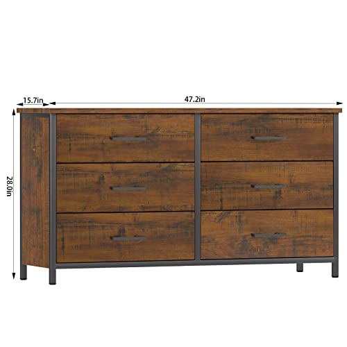 Ikeno 6 Drawer Double Dresser, Industrial Wood Dresser For Bedroom, Sturdy Steel Frame… #TOP3