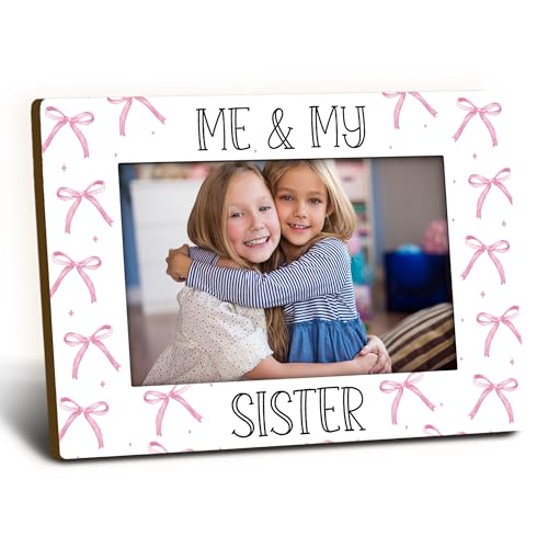Image of Foyoulame Big Little Sister 4x6 Picture Frame, Baptism Wooden Picture Frame, Baptism Gifts for Baby Girl, Me and My Sister Pink Coquette Preppy Bow Decorative Photo Frames for Table Desk Decor