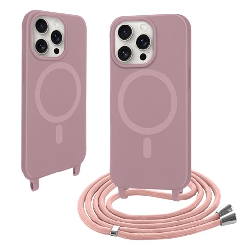 Coiwxmoi Handyband Handyhülle für iPhone 15 Pro Max Hülle mit Band [Kompatibel mit MagSafe] Magnetisch Necklace Silikon Case mit Verstellbar Abnehmbar Kordel zum Umhängen Stoßfest Schutzhülle Rosa