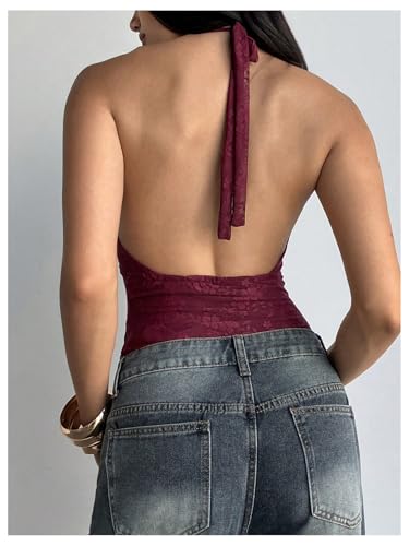 Milumia Women's Floral Lace Deep V Neck Halter Top Sexy Tie Backless Going Out Tank Tops3