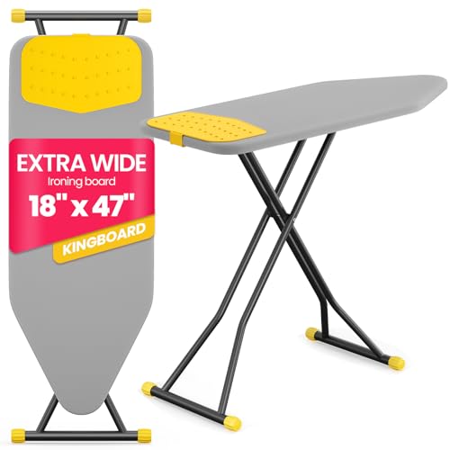 KINGBOARD Extra Wide Ironing Board, 18x47 Full Size Ironing Board with Silicon Iron Mat, Large Stand with 7 Adjustable Heights, Heavy Duty Iron Board with Heat Resistant Cover, Grey
