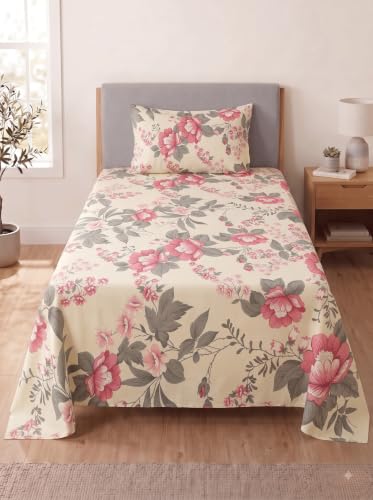 Image of Mafatlal 144 TC Fern Single Bed Bedsheet 90 x 60 Inch | Soft Comfortable Printed Bed Cover | 1 Bedsheet with Pillow Cover | Easy Wash Home Bedding|Coral Red