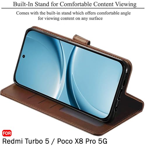 Image of TheGiftKart Flip Back Cover Case for Mi Redmi Turbo 5 5G / Poco X8 Pro 5G | Dual-Color Leather Finish | | Inbuilt Stand & Pockets | Wallet Style Flip Back Case Cover (Faux Leather, Brown & Coffee)