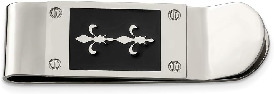 Jewels By Lux Chisel Stainless Steel Polished Enameled Fleur de Lis Money Clip