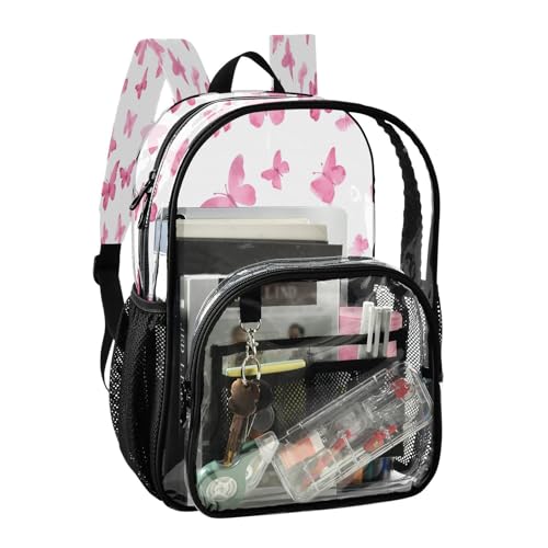 Pink Watercolor Butterflies Clear Backpack - Stadium Approved Large 15.7-inch Waterproof Transparent Bag for Sports, Concerts, Work, Travel#2222