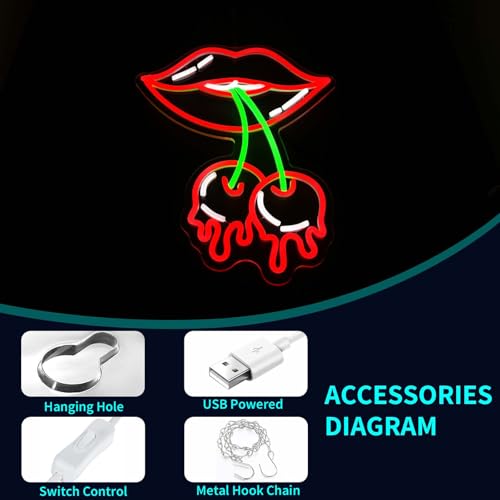 Image of Cherry Lips Neon Sign, JGHTURIE Red Led Neon Signs for Wall Decor USB Powered Bar Lights Signs for Room Man Cave Party Art Decoration