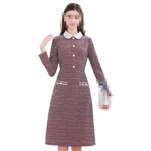 Women's Fall Winter Tweed Plaid Dress Button A-Line Dress RED