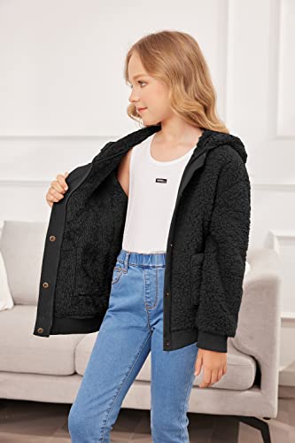 Hopeac Girls Fleece Jacket Button Up Chunky Outerwear Warm Hood Coat With Pockets For Fall Winter #TOP1