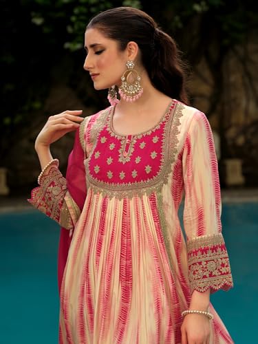 Image of INDO ERA Women's Silk Crepe Floral Embroidered A-Line Kurta & Pant with Dupatta Set (IEOUT161)