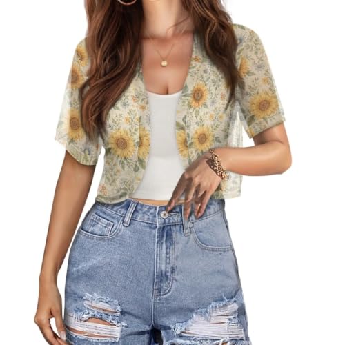 Image of Womens Short Sleeve Cardigans Lightweight Summer Cardigan Trendy Bolero Shrug Cute Floral Cardigan Sheer Bolero