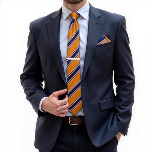 Image of DiBanGu Mens Tie Silk Plaid Striped Necktie and Pocket Square Cufflinks Tie Clip Set with Gift Box Formal Wedding Party