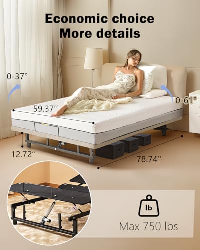 Image of Queen Adjustable Bed Base Frame - Premium Metal, Head & Foot Incline, Wireless Remote, Zero Gravity, Quiet Motor (79 inch L x 59 inch W x 12.72 inch H) Black