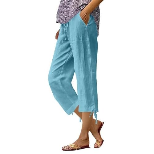 AKTCVVJ Capri Pants for Women Trendy Drawstring Linen Capris Casual Work Cotton Pants Summer Vacation Pant Wih Pockets Sky Blue