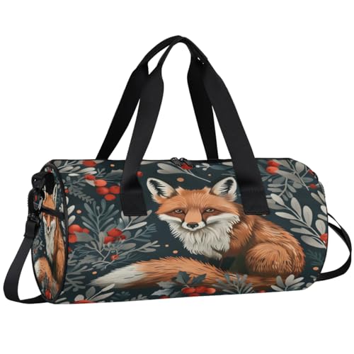 Animal Fox Berries Travel Gym Bag Waterproof Sport Dance Bag for Women Men Portable Gymnastics Duffel Bags Canvas Tote Carry on Handbag for Workout Overnight Weekender