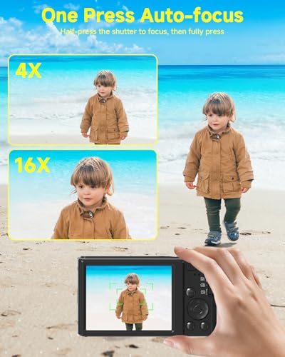 Câmera digital 4K para adolescentes com foco automático de zoom de 16x, câmera digital pequena e compacta portátil para meninos/meninas com cartão SD 64G, 2 baterias (preto) - Imagem 3
