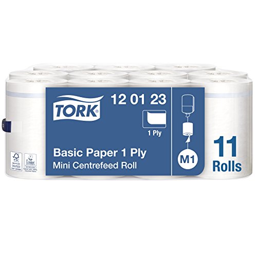 Tork 120123 Papel de secado básico Universal de 1 capa compatible con el sistema de alimentación central pequeño M1, blanco, 11 rollos x 120m