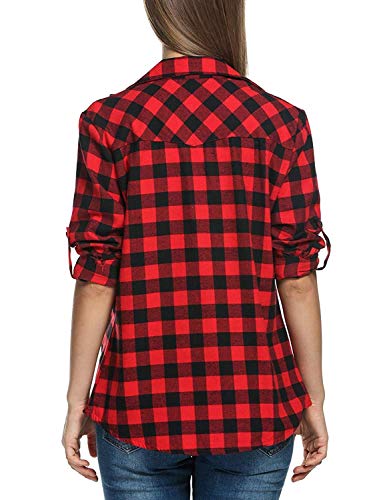 Genhoo Spring Color Block Plaid Shirt Button Down Tops Womens Flannel Shirts Long Sleeve Red L #TOP2