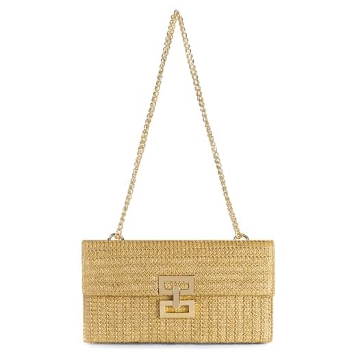 Bolsa clutch de palha feminina verão praia carteira envelope de tecido boho dobrável bolsa tiracolo bolsa de ombro bolsa de noite, Cáqui com corrente, Bolsas de mão