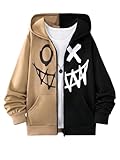 COZYEASE Boys'Zip Up Hoodies Pullover Tops Graphic Long Sleeve Drop Shoulder Spring Fall Tops without Fleece Brown and Black 12 Years