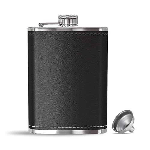 Image of Stainless Steel Hip Flask for Men & Women 8oz (236ml) - Whisky Flask Vodka Alcoholic Liquor Holder with Funnel Drinks Pocket Carrying Case - Leakproof Travel Flasks for Drinks, (Black Leather)