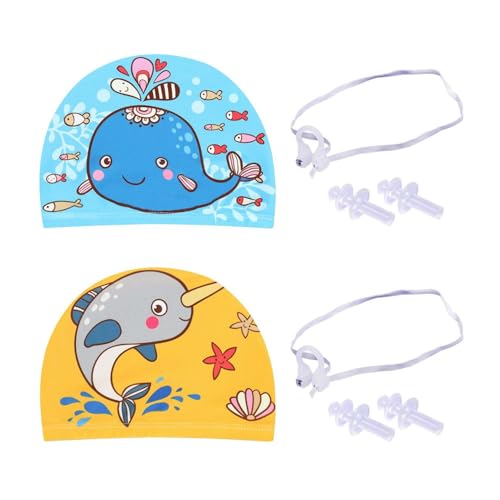 2 Gorros de baño para niños, equipados con 2 Pinzas para la Nariz y 2 Pares de Tapones para los oídos, Gorro de baño para Animales, Equipo de natación, Gorro de baño de poliéster elástico
