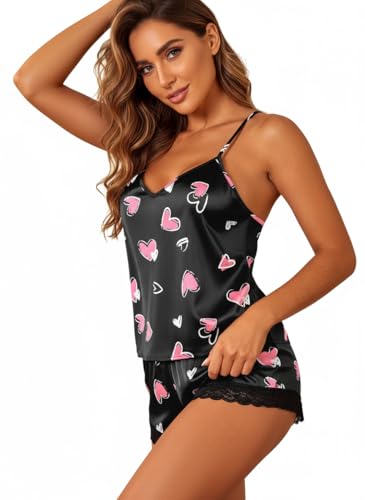 Image of Ekouaer Satin Pajamas Women Lace Sleepwear Lingerie Cami Shorts Set Nightwear XS-XXL