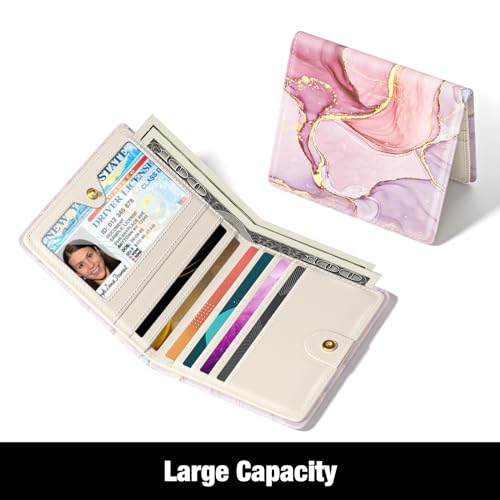 Image of Rouidr Womens Wallet, RFID Small Slim Wallet for Women, Cute Bifold Leather Pocket Credit Card Holder Ladies Mini Purse with Zipper Coin Pocket & ID Window, Pink Marble