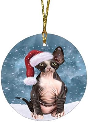 Let It Snow Sphynx Cat Round Flat Ornament - Pet Decorative Hanging Ornaments for Christmas X-mas Tree Decorations - 2.75" Round Ceramic Christmas Ornament POR1524