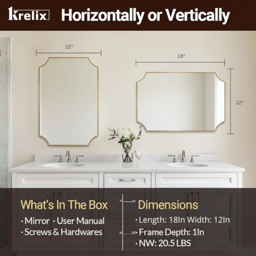 Image of 12x18 Inch Gold Scalloped Vanity Mirror - Brushed Antique Finish with Anti-Rust Plastic Frame, Elegant Wall-Mounted Bathroom Mirror for Home Decor & Remodel