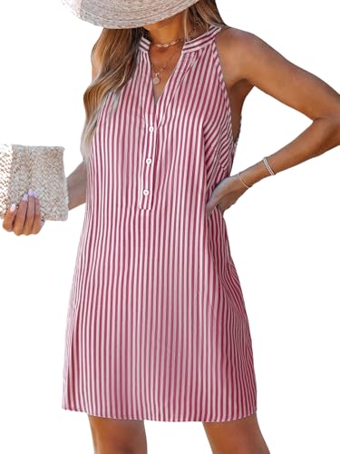 CUPSHE Womens Summer Dresses V Neck Sleeveless Striped Button Up Mini Casual Coverup Dress Red M