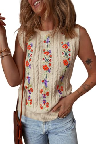 Melliflo Embroidered Floral Sweater Vest for Women Cable Knit Sleeveless Sweater Crewneck Elegance Sweater Tops