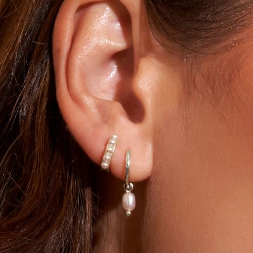 Image of Gold Plated Earrings for Women, 14k Gold Plated Earring Stack Hypoallergenic Pearl Drop Earring Dainty Earrings for Women Trendy Cute Small Huggie Hoop Earring Fashion Womens Jewelry