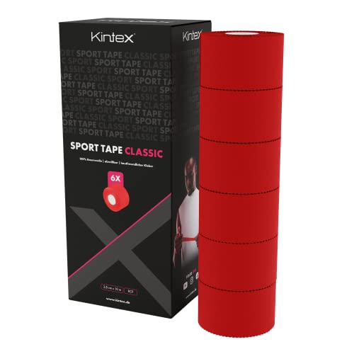 Kintex 6 rollos de esparadrapo deportivo, 3,8 cm x 10 m, esparadrapo rígido no elástico, para fijar y estabilizar articulaciones, esparadrapo para dedos, vendaje adhesivo (Rojo)
